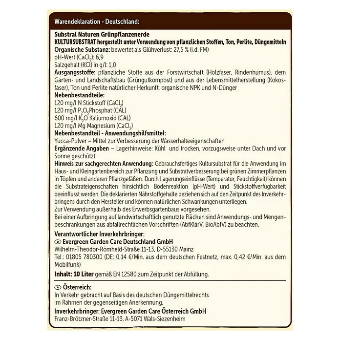 Substral Naturen Grünpflanzen- & Palmenerde - 10 l - Etikett der Substral Naturen Grünpflanzenerde aus Deutschland und Österreich mit Angaben zu Inhaltsstoffen und Hersteller.