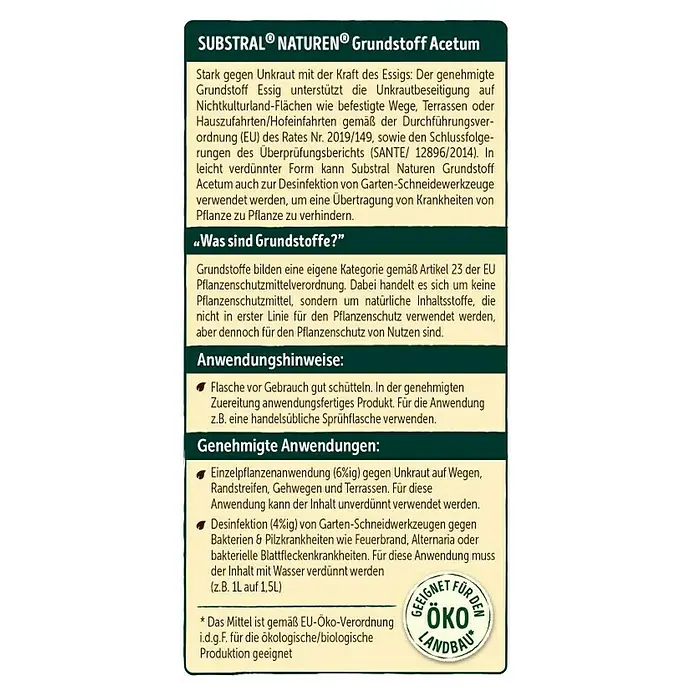 Substral Naturen Grundstoff - 1 l, Konzentrat - Informationen zum SUBSTRAL® NATUREN® Grundstoff Acetum, einem Produkt zur Unkrautbekämpfung und Desinfektion von Werkzeugen.