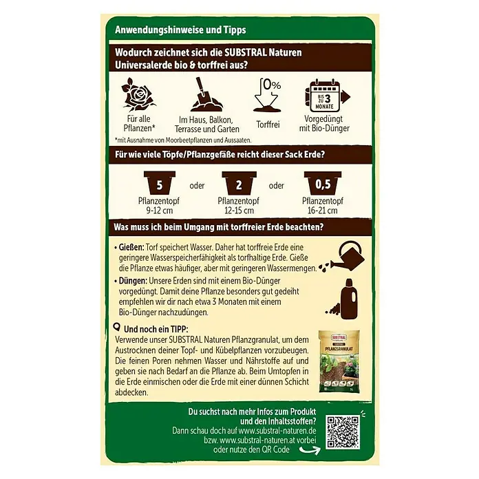 Substral Naturen Blumenerde - 5 l - Anwendungs- und Nutzungshinweise für SUBSTRAL Naturen Universalerde: Bio- und Torffreie Erde für gesunde Pflanzen.
