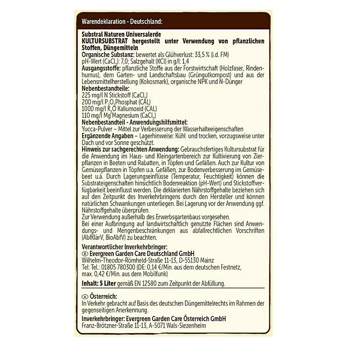 Substral Naturen Blumenerde - 5 l - Produktetikett für Substral Naturen Universalerde: Inhaltsstoffe, Anwendungshinweise und Herstellerangaben für optimale Gartennutzung.