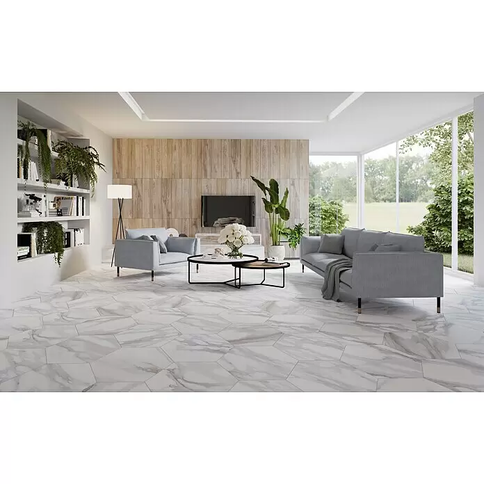 Feinsteinzeugfliese Hexagon Apuan Bianco - 56 x 49 cm, Weiß, Matt - Stimmungsaufnahme