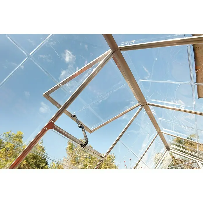 Palram – Canopia Ventana de techo Mythos - Cromo - Vista interior de un invernadero con paneles transparentes y marcos plateados, que permiten una vista clara del cielo azul.