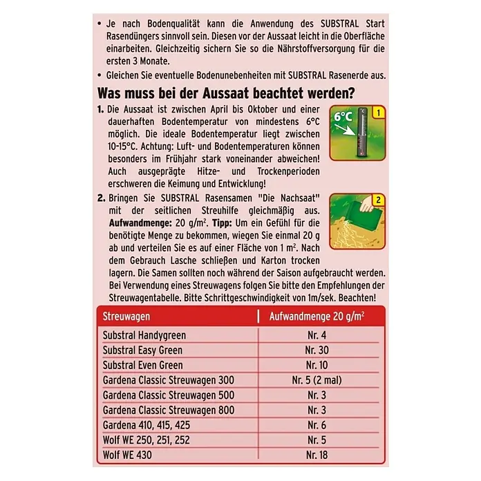Substral Nachsaat-Rasen - 1 kg, 50 m² - Anleitung zum Ausbringen von SUBSTRAL Rasensamen mit Hinweisen zu Bodentemperatur und Streuwageneinstellung.