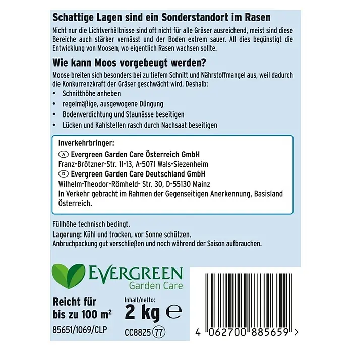 Substral Rasensamen Der Schattige - 2 kg, 100 m² - Produktbild von Evergreen Garden Care Rasensamen, geeignet für bis zu 100 m², mit Hinweisen zur Moosvermeidung und Herstellerinformationen.