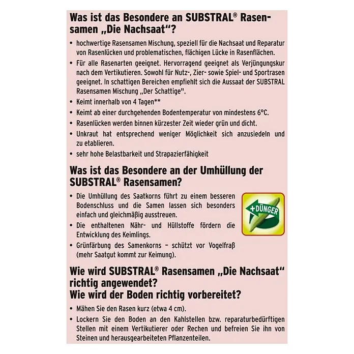 Substral Nachsaat-Rasen - 1 kg, 50 m² - Informationen zu SUBSTRAL® Rasensamen "Die Nachsaat": Eigenschaften, Umhüllung und Anwendungshinweise für einen schönen Rasen.