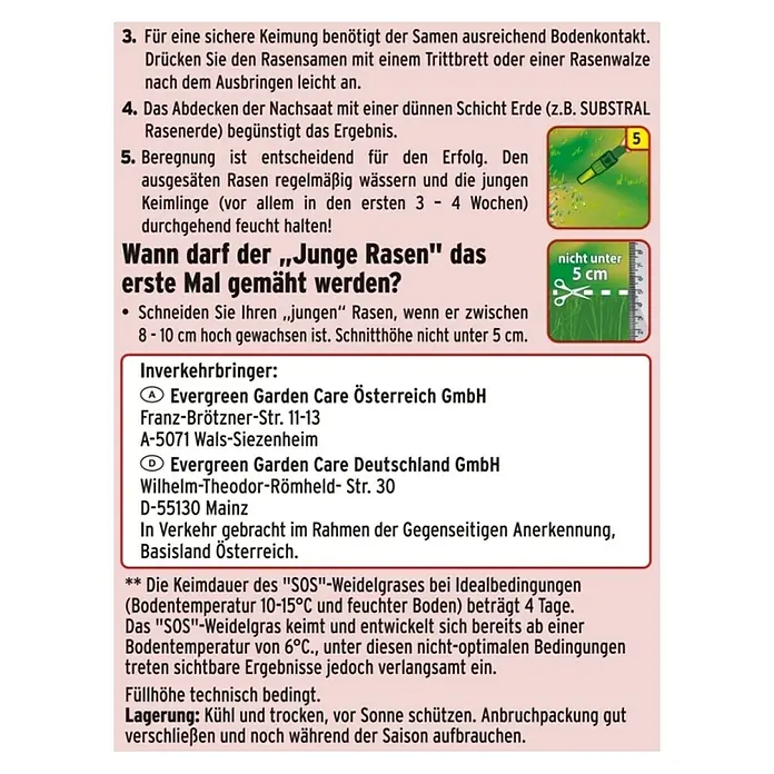 Substral Nachsaat-Rasen - 1 kg, 50 m² - Rasenpflegehinweise: Anleitung zum Säen, Bewässern und Mähen von Rasen für ein optimales Wachstum und eine dichte, grüne Oberfläche.