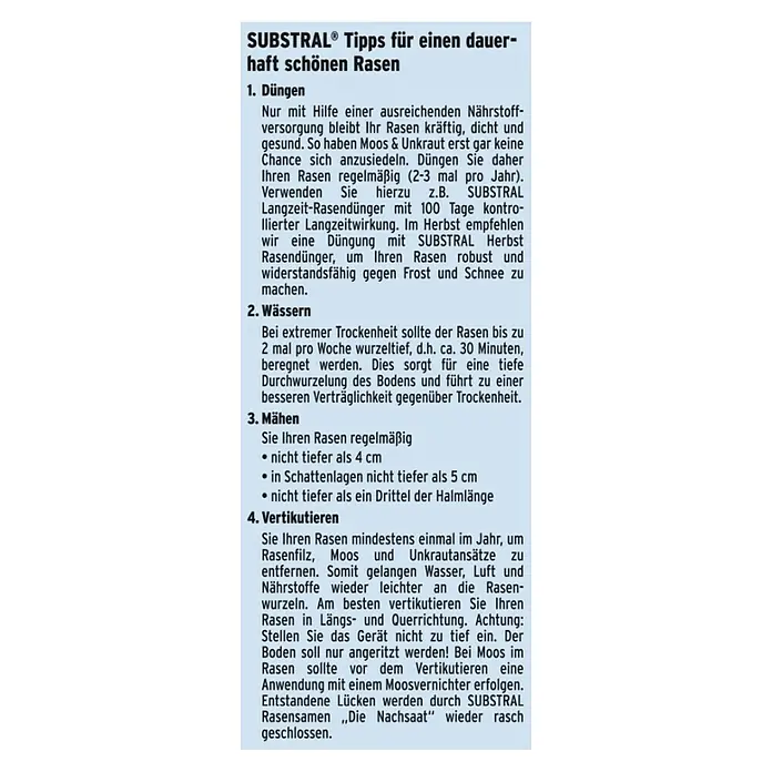 Substral Rasensamen Der Schattige - 2 kg, 100 m² - SUBSTRAL® Tipps für einen dauerhaft schönen Rasen: Düngeempfehlungen, Bewässerungshinweise, korrekte Mähmethoden und Vertikutiertechniken für einen gesunden Rasen.