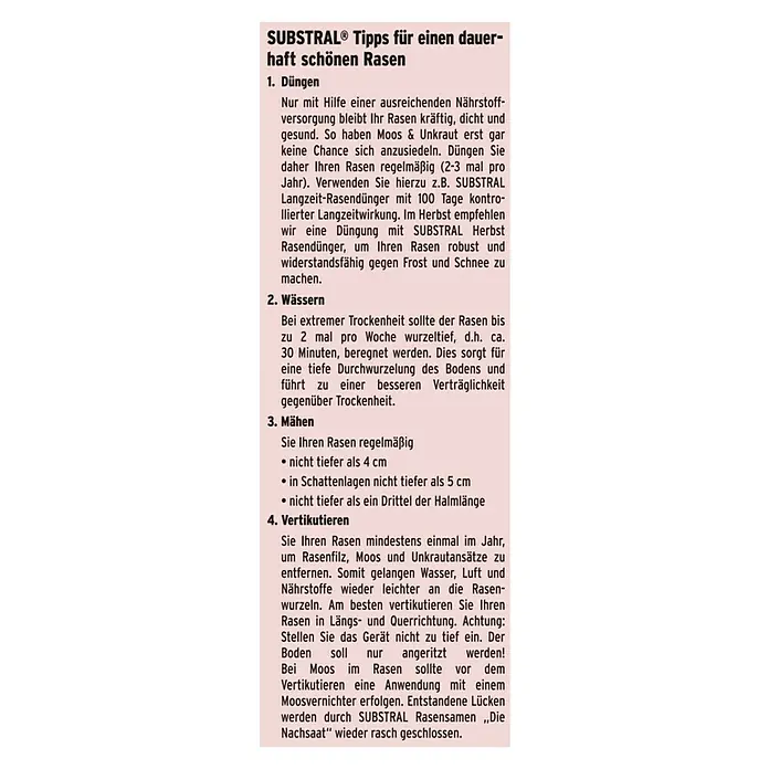 Substral Nachsaat-Rasen - 1 kg, 50 m² - Tipps für einen dauerhaft schönen Rasen mit SUBSTRAL: Düngen, wässern, mähen und vertikutieren für einen gesunden, widerstandsfähigen Rasen.