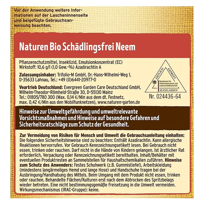 Substral Naturen Bio-Schädlingsfrei Neem - 75 ml - Etikett des Naturen Bio Schädlingsfrei Neem Insektizids, das Informationen zu Inhaltsstoffen, Anwendung und Sicherheitshinweisen enthält.