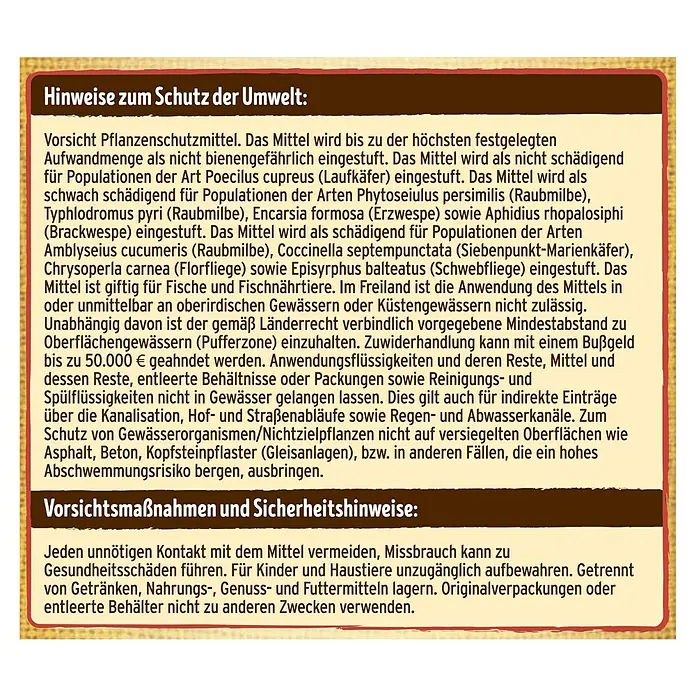 Substral Naturen Bio-Schädlingsfrei Neem - 75 ml - Informationstext zu Sicherheitsvorkehrungen und Umweltschutzhinweisen für ein Pflanzenschutzmittel.