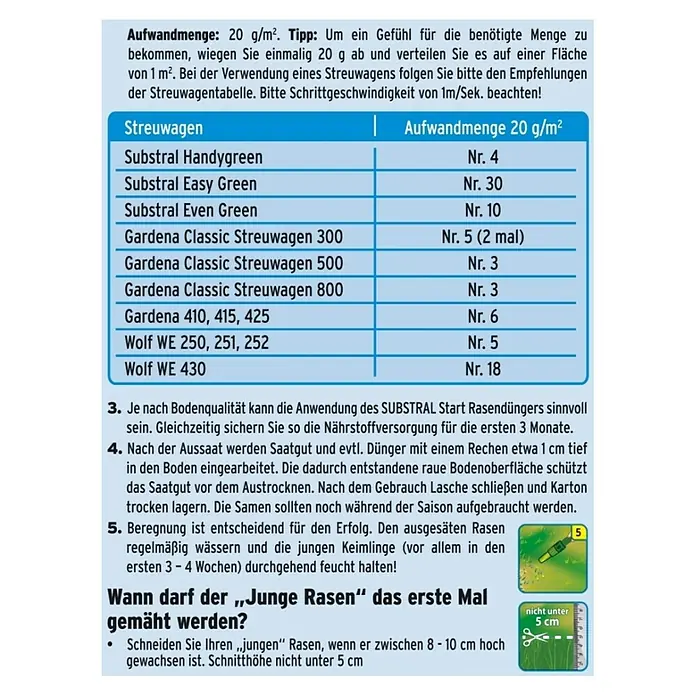 Substral Rasensamen Der Schattige - 2 kg, 100 m² - Informationen zur richtigen Rasenpflege, inklusive einer Tabelle zur Aufwandmenge von Dünger pro Streuwagen für optimales Wachstum.