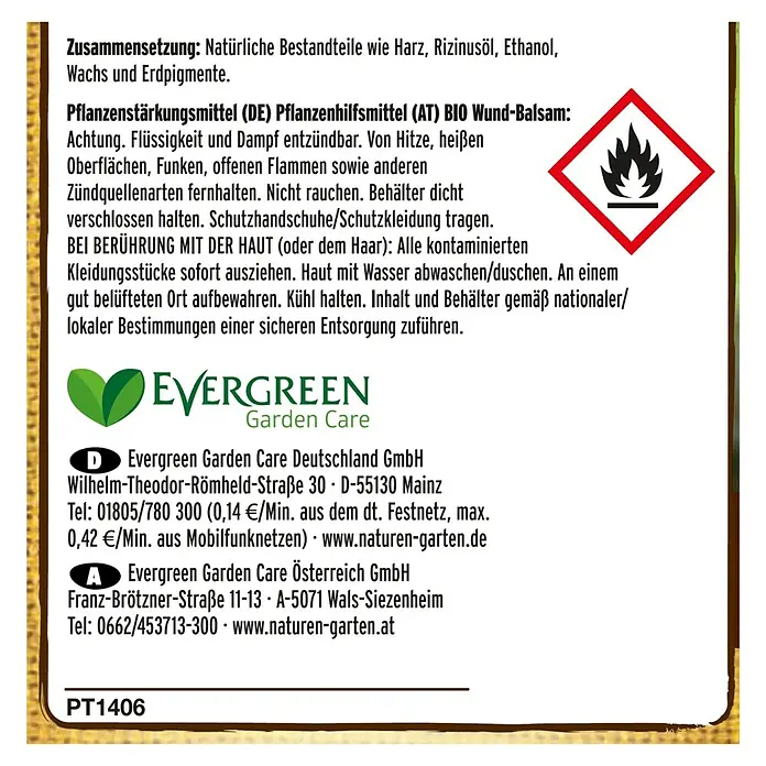 Substral Naturen Bio-Wundbalsam - 350 g - Produktetikett von Evergreen Garden Care mit Inhaltsstoffen, Warnhinweisen und Kontaktinformationen für Deutschland und Österreich.