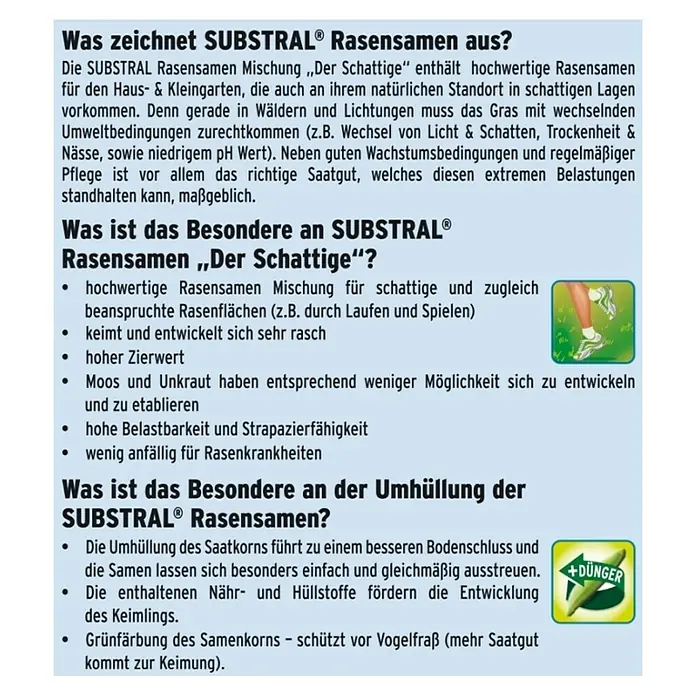 Substral Rasensamen Der Schattige - 2 kg, 100 m² - SUBSTRAL® Rasensamen: Hochwertige Rasensamenmischung für schattige und beanspruchte Rasenflächen, mit Umhüllung für besseren Bodenschluss.