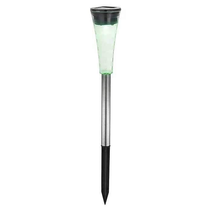 Globo Solarleuchten-Set - 0,06 W, Transparent, Silber, IP44 - Nahaufnahme einer solaren Gartenleuchte mit grünem Licht, bestehend aus Metall und Kunststoff, ideal für die Außenbeleuchtung.