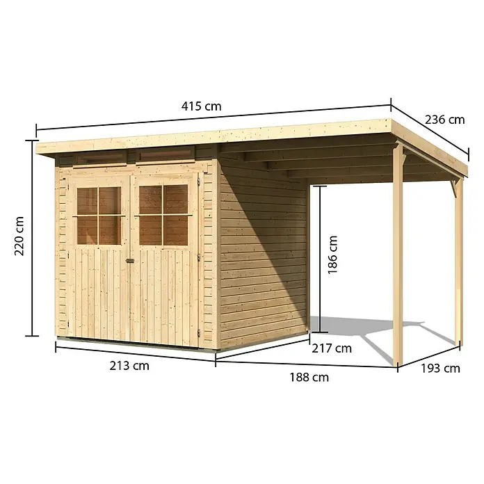 Karibu Gartenhaus Glücksburg - Außenmaß inkl. Dachüberstand (B x T): 415 x 236 cm, Holz, Natur, Grundfläche: 4,45 m² - Abbildung eines Gartenhauses mit Abmessungen, das die Struktur und Größe des Holzhauses zeigt.