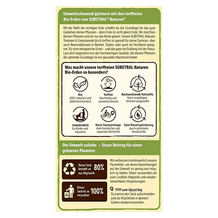 Substral Naturen Tomaten- & Gemüseerde - 20 l - SUBSTRAL Naturen torffreie Bio-Erde: Umweltschonendes Gärtnern mit torffreien Bio-Erden, die zu 80% aus Altplastik bestehen und zu 100% recycelbar sind.