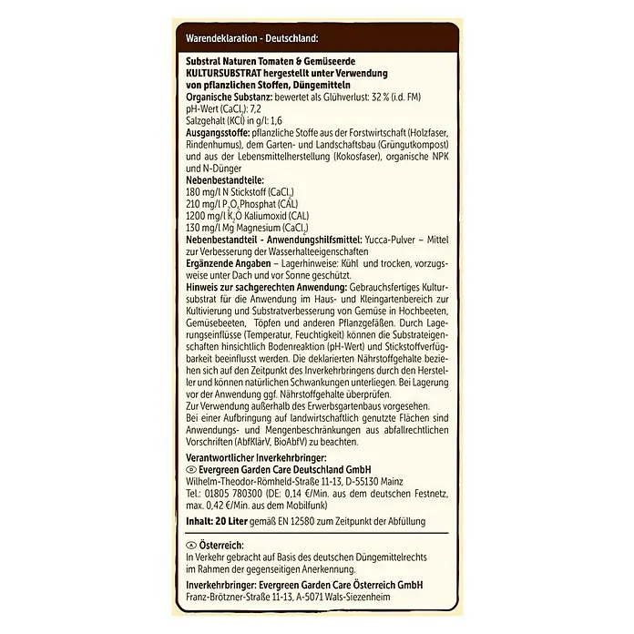 Substral Naturen Tomaten- & Gemüseerde - 20 l - Produktetikett der Substral Naturen Tomaten & Gemüseerde, einem Kultursubstrat aus pflanzlichen Stoffen und Düngemitteln für Tomaten und Gemüse.