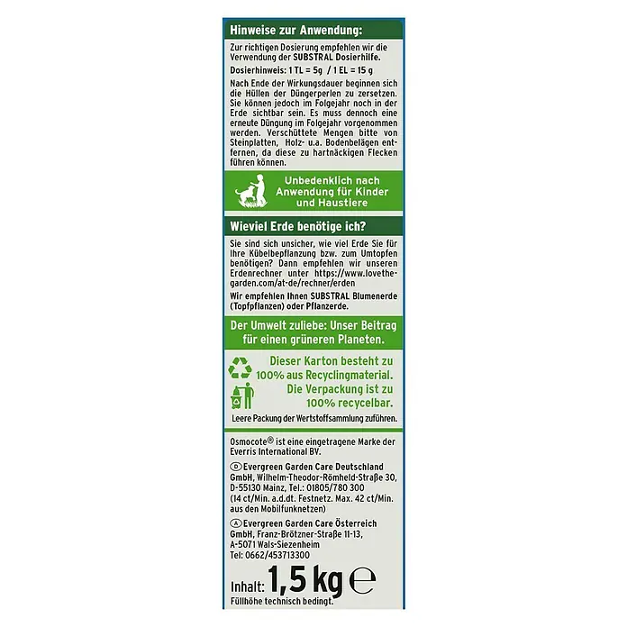 Substral Langzeitdünger Buchs & Hecken - 1,5 kg - Hinweise zur Anwendung von Osmocote-Düngemittel, Dosierempfehlung und Informationen zur umweltfreundlichen Verpackung.