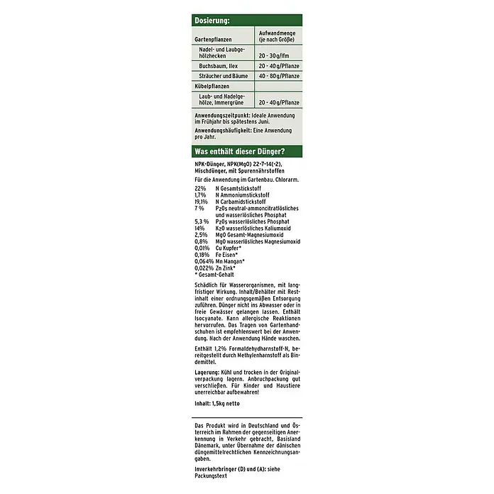 Substral Langzeitdünger Buchs & Hecken - 1,5 kg - Abbildung des Etiketts eines NPK-Düngers, ideal für Gartenpflanzen, mit Informationen zu Dosierung und Inhaltsstoffen.