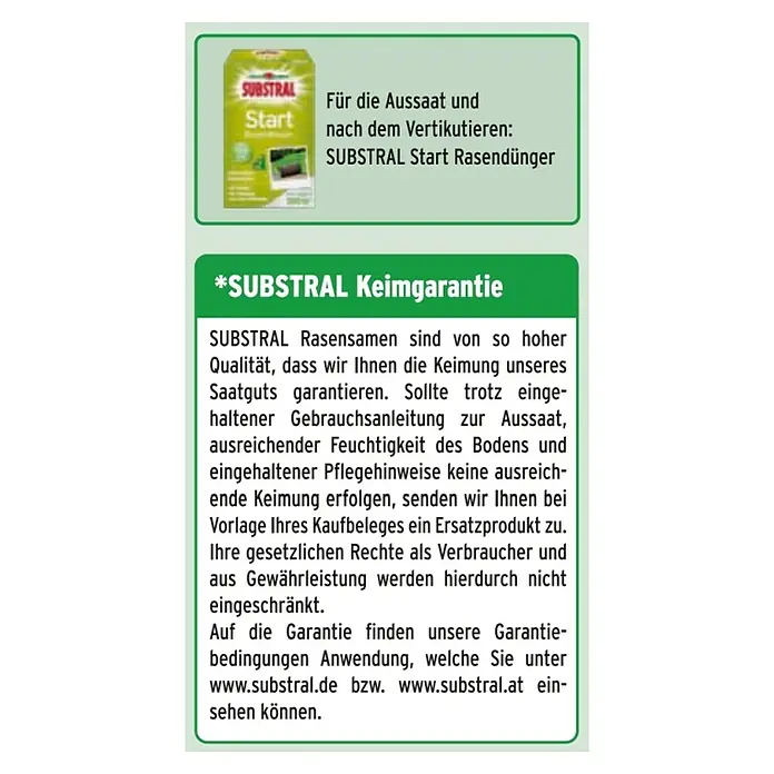 Substral Rasensamen Der Robuste - 1 kg, Saatgut ausreichend für: 50 m² - Produktabbildung von SUBSTRAL Start Rasendünger. Fördert die Keimung und sorgt für einen dichten, grünen Rasen nach der Aussaat oder dem Vertikutieren.