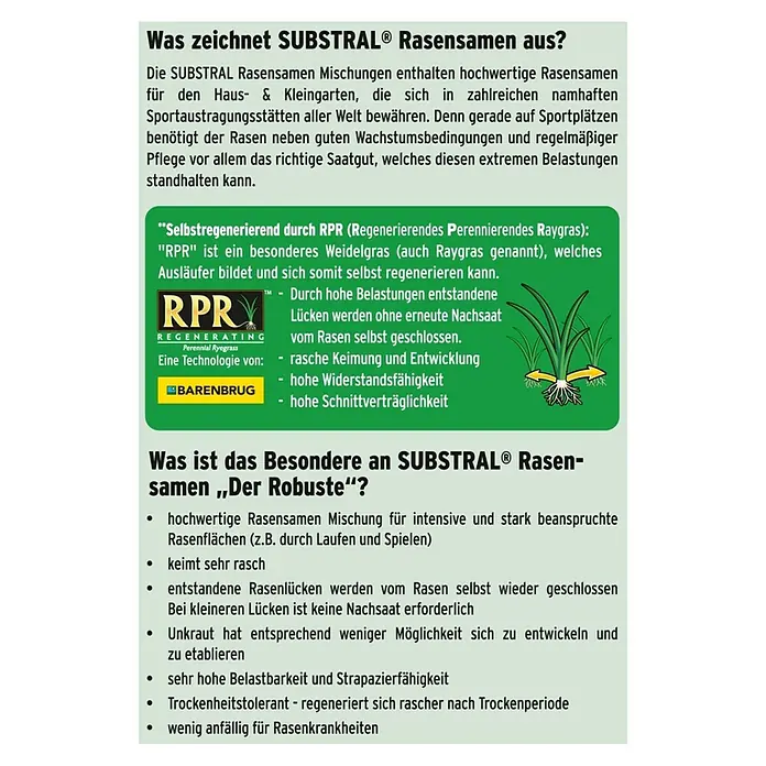 Substral Rasensamen Der Robuste - 1 kg, Saatgut ausreichend für: 50 m² - SUBSTRAL® Rasensamen: Hochwertige Mischung für strapazierfähigen Rasen. Regeneriert selbstständig, keimt schnell, widerstandsfähig und schnittverträglich.