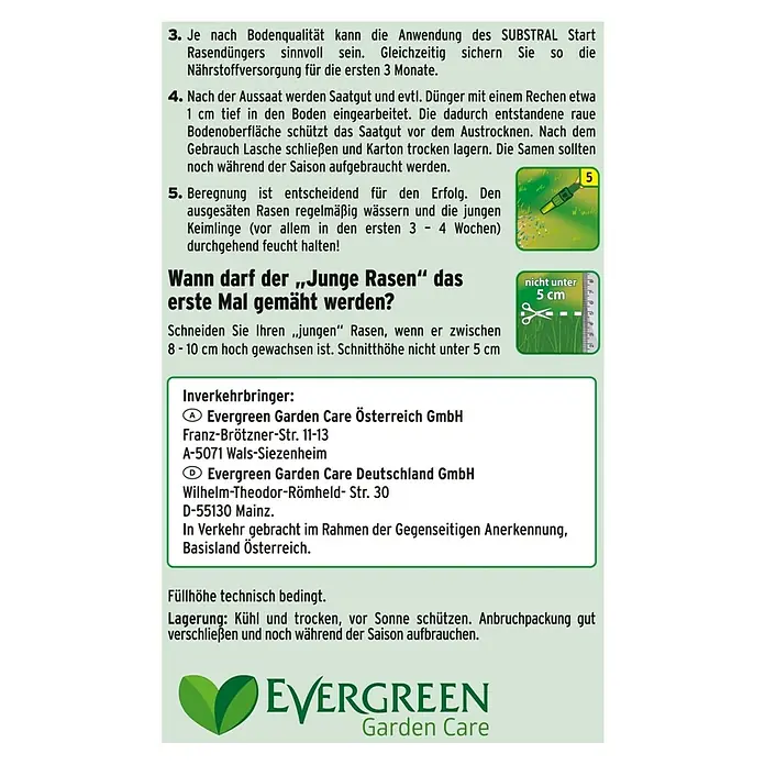 Substral Rasensamen Der Robuste - 1 kg, Saatgut ausreichend für: 50 m² - Informationen zur Anwendung von SUBSTRAL Start Rasendünger, inklusive Zeitpunkt des ersten Mähens und Kontaktdaten der Hersteller.