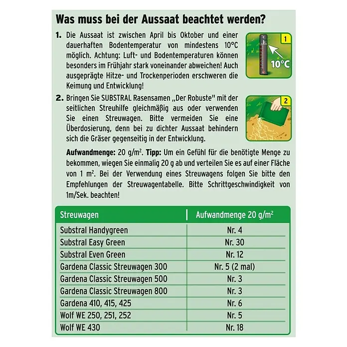 Substral Rasensamen Der Robuste - 1 kg, Saatgut ausreichend für: 50 m² - Anleitung zur Rasenaussaat mit Temperaturhinweisen und Tabelle für Streuwagen zur optimalen Dosierung.