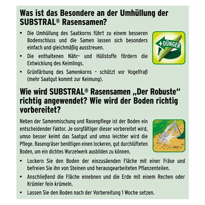 Substral Rasensamen Der Robuste - 1 kg, Saatgut ausreichend für: 50 m² - SUBSTRAL Rasensamen: Die Umhüllung sorgt für besseren Bodenschluss, fördert Keimung und schützt vor Vogelfraß. Anleitung zur Bodenvorbereitung inklusive.