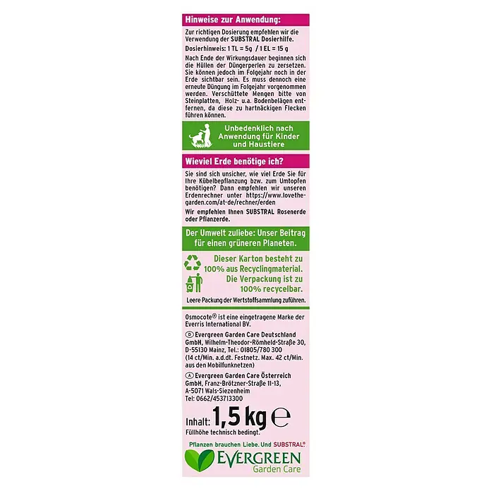 Substral Langzeitdünger Rosen & Blühpflanzen - 1,5 kg, Max. Anwendungsfläche: 35 m² - Produktbild von Evergreen Garden Care Dünger mit Anwendungshinweisen und Dosierempfehlung für gesunde Pflanzen.