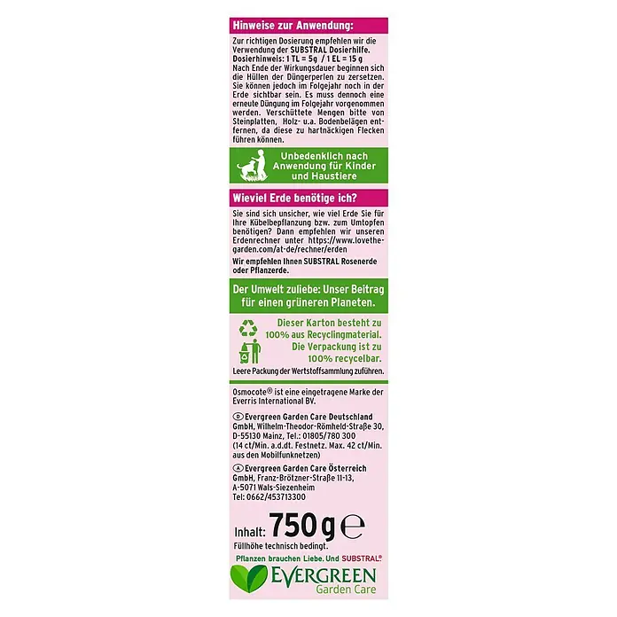 Substral Langzeitdünger Rosen & Blühpflanzen - 750 g, Max. Anwendungsfläche: 18 m² - Informationen zum Gebrauch von Evergreen Blumenerde, Dosierungshinweise und Kontaktdaten des Herstellers.