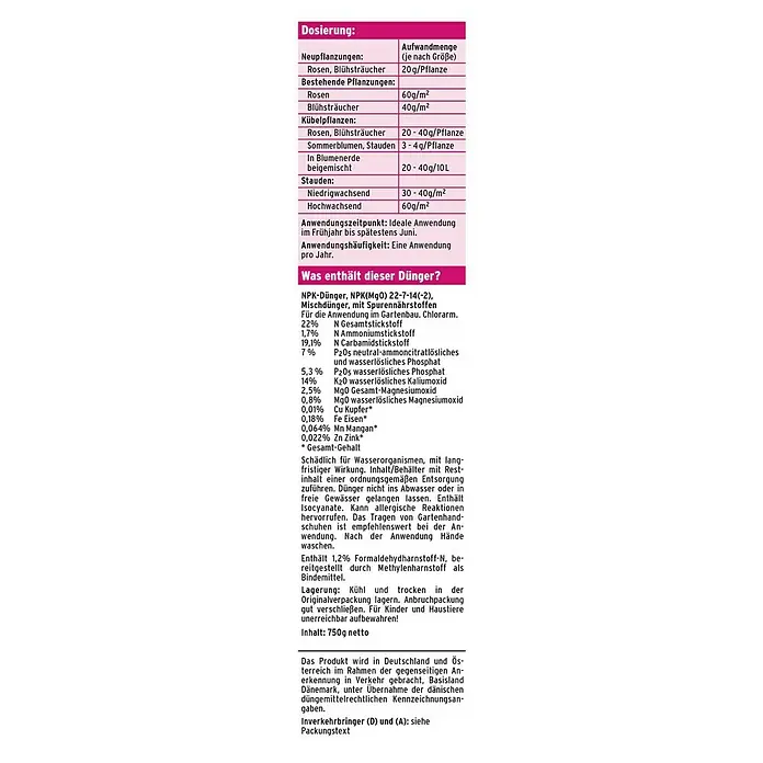 Substral Langzeitdünger Rosen & Blühpflanzen - 750 g, Max. Anwendungsfläche: 18 m² - Detailansicht der Düngeanleitung mit Dosierungsangaben und Inhaltsstoffen des Produkts für optimale Anwendung.