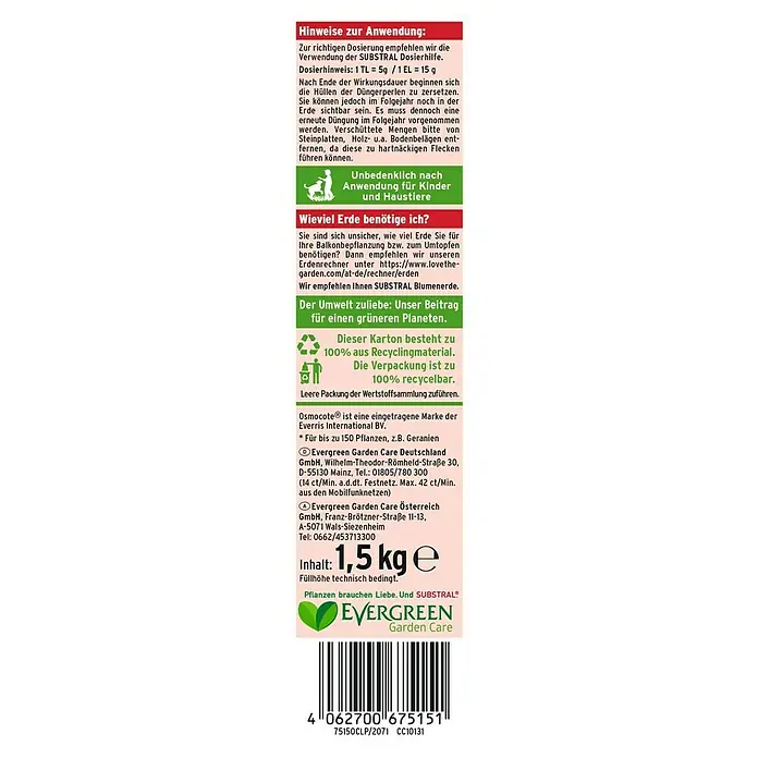 Substral Langzeitdünger Balkonblumen - 1,5 kg, Passend für: 100 Pflanzen - Produktbild von Evergreen Garden Care Blumenerde, 1,5 kg, mit Anwendungshinweisen und Umweltbeitrag.