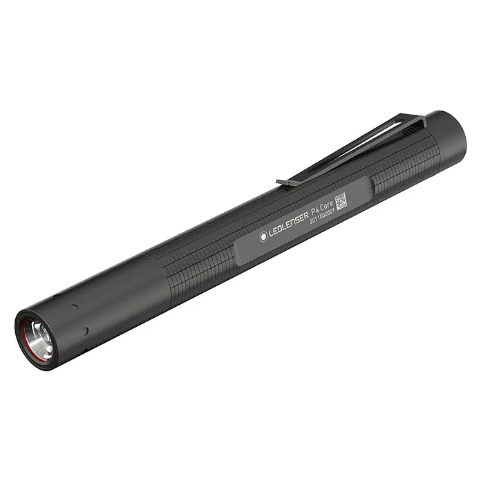 Ledlenser Taschenlampe P4 Core - 15 lm - 120 lm, IP54 - Nahaufnahme einer schwarzen Ledlenser P4 Core Stiftlampe, ideal für Inspektionen und den täglichen Gebrauch. Kompaktes Design mit hoher Leuchtkraft.