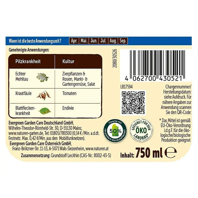 Substral Naturen Grundstoff Lecithin - 750 ml - Produktetikett mit Informationen zu Anwendungszeit, Anwendungsbereichen und Inhaltsstoffen des Produkts.