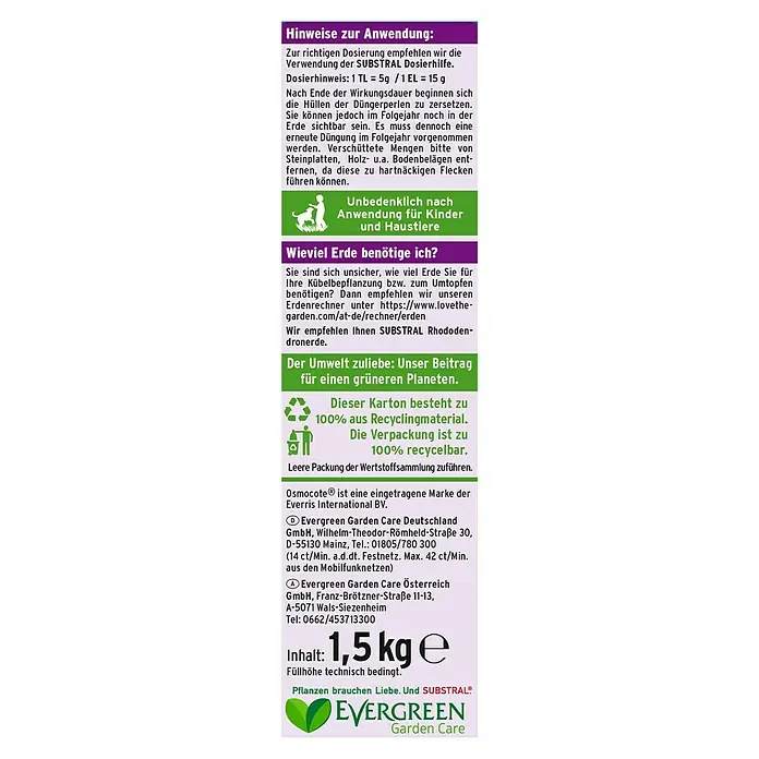 Substral Langzeitdünger Rhododendren & Hortensien1,5 kg, Passend für: 100 Pflanzen - Produktverpackung von Evergreen Garden Care mit Anweisungen, Dosierungshinweisen und Informationen zur Verwendung und Entsorgung.