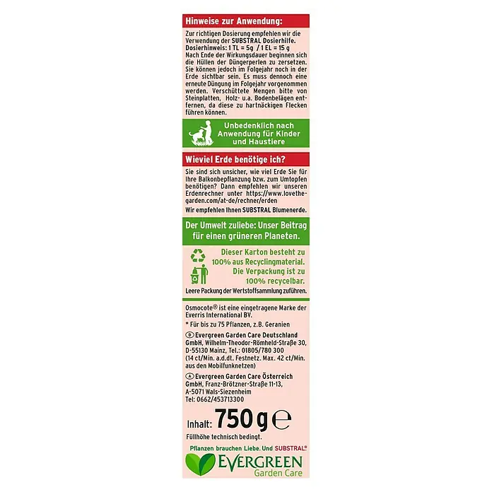 Substral Langzeitdünger Balkonblumen - 750 g - Informationen zum Evergreen Garden Care Produkt mit Dosierungshinweisen, Anwendungsratschlägen und Kontaktdaten.