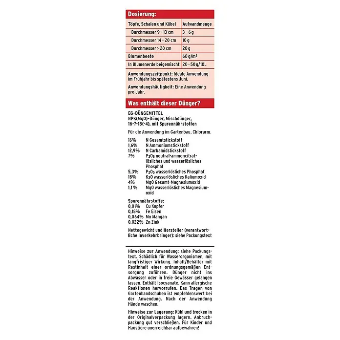 Substral Langzeitdünger Balkonblumen - 750 g - Abbildung der Dosierungsanleitung und Inhaltsstoffe eines NPK(MgO)-Düngers 16-7-18(-4) mit Spurennährstoffen für den Gartenbau.