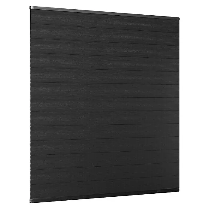 T & J Sichtschutzelement Elze - B x H: 179 x 30 cm, Teak - Dunkelgraues Lamellenrollo mit horizontalen Platten und Holzstruktur.