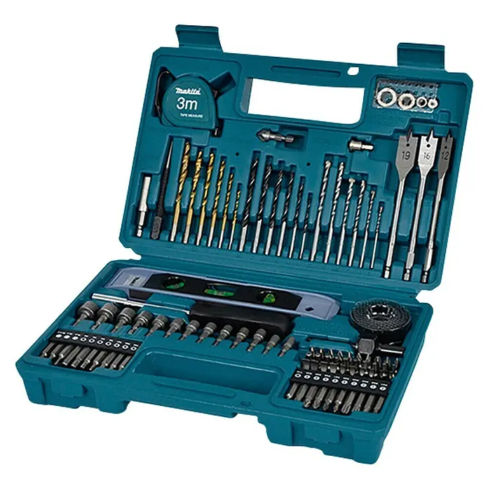 Makita Set de puntas y accesorios E-10730 - 102 pzs. - En la imagen se muestra un kit de herramientas Makita de color verde azulado lleno de varias herramientas, incluidos brocas, puntas de destornillador y un nivel.