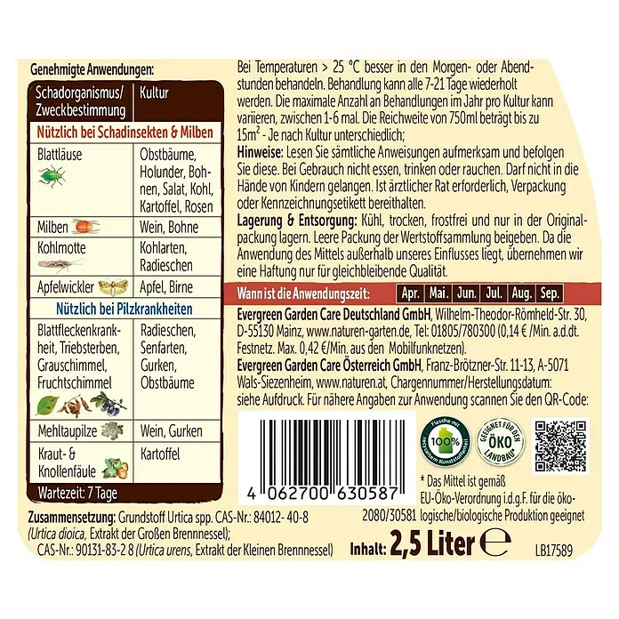 Substral Naturen Grundstoff Urtica - 2,5 l - Produktetikett mit Infos zu Anwendungsbereichen, Dosierung und Inhaltsstoffen des Pflanzenschutzmittels.