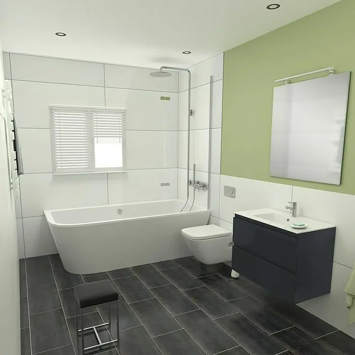Camargue Espacio Badmöbel-Set G5 - 80 cm, Gama anthrazit glänzend - Badezimmer mit Badewanne, Toilette, Waschtisch und Spiegel, das durch seine schlichte Eleganz besticht und ein modernes Ambiente schafft.