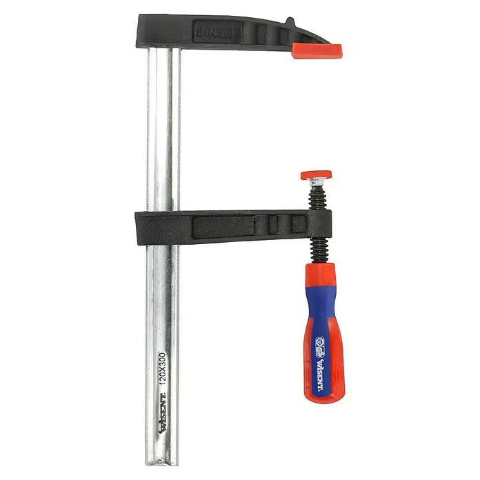 Wisent Sargento - Anchura de sujeción: 300 mm, Apertura máxima: 120 mm - Imagen de una abrazadera de tornillo utilizada en artesanía o carpintería, con una tapa roja y un mango azul y rojo.