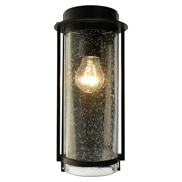 Starlux Außenwandleuchte Elmo - 10 W, 17 x 12 x 33 cm, Anthrazit/Weiß, IP44 - Nahaufnahme einer Wandleuchte mit transparentem, blasigem Glasgehäuse und sichtbarer Glühbirne, umrahmt von einem schwarzen Metallrahmen.