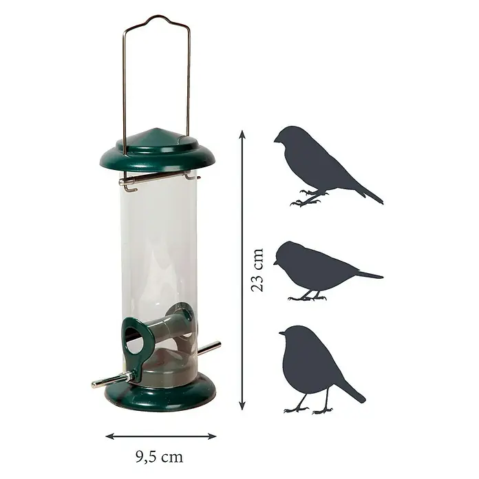 Dobar Futterspender Metall - 9,5 x 9,5 x 23 cm, Metall, Grün - Bild einer grünen Vogeltränke mit den Maßen 23 cm Höhe und 9,5 cm Breite, neben drei Vogelsilhouetten zur Größenansicht.