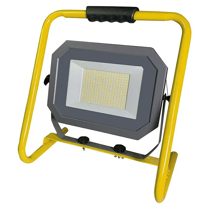 Profi Depot LED-Strahler - 50 W, 8.000 lm, 4.000 K, L x B x H: 22 x 36,2 x 38 cm, IP65 - LED-Arbeitsleuchte mit gelbem Rahmen und Griff. Die Leuchte ist grau mit einem weißen Lichtbereich. Ideal für Baustellen und Werkstätten.