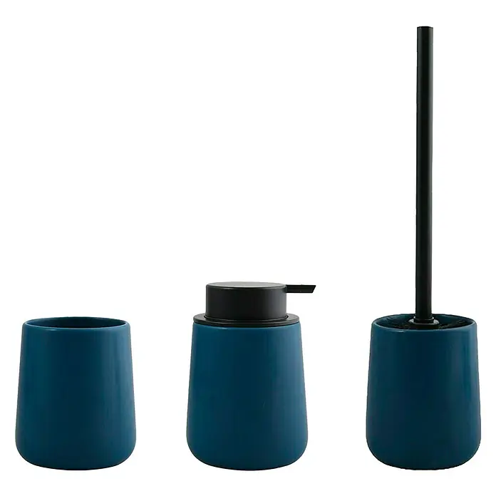 MSV Maonie Set de accesorios de baño - Cerámica, Azul oscuro, 3 pzs. - Juego de accesorios de baño azules que incluye un vaso, un dispensador de jabón y un escobillero con soporte para una apariencia coordinada.