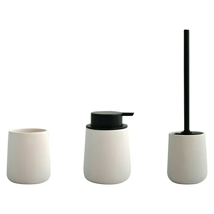 MSV Maonie Set de accesorios de baño - Cerámica, Blanco, 3 pzs. - Elegante juego de baño blanco con dosificador de jabón, vaso y escobilla de váter. Accesorios con estilo para un baño moderno.