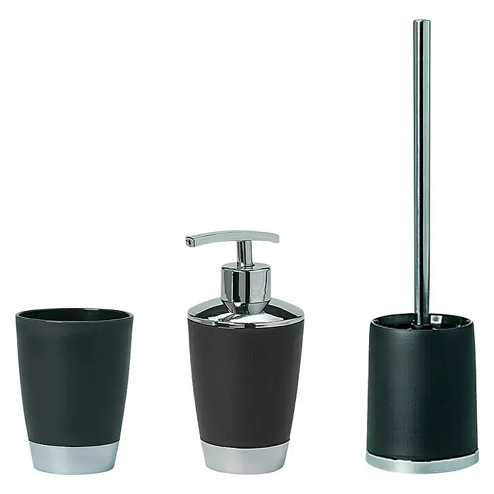 Venus Milano Set de accesorios de baño - Plástico, Negro, 3 pzs. - Elegante juego de baño en negro y cromo, compuesto por un vaso, un dispensador de jabón y un escobillero con soporte.