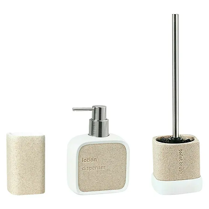 Venus Nara Set de accesorios de baño - Plástico, Blanco/Arena, 3 pzs. - Juego de baño con dosificador de jabón, jabonera y escobilla de baño. El juego está hecho de cerámica y tiene un color claro.