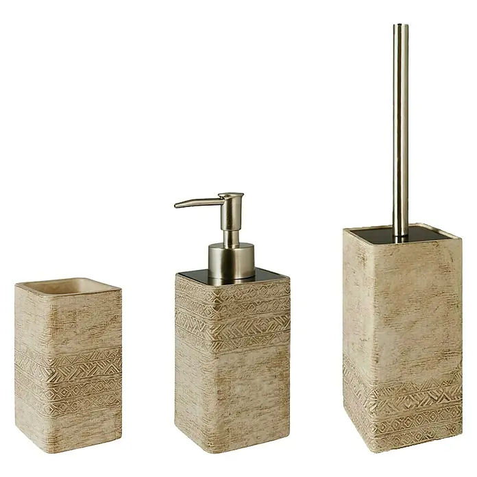Set de accesorios de baño Ramses - Hormigón, Arena, 3 pzs. - Elegante juego de baño con dosificador de jabón, vaso y escobilla de váter, beige con estampado decorativo para un ambiente estiloso.
